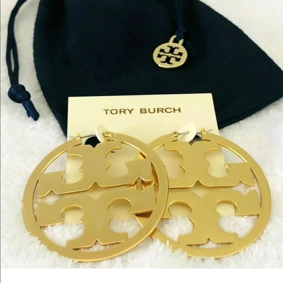 SALE!TORY BURCH GOLD PLATED BRASS MILLER LOGO EARR - Picture 5 of 7
